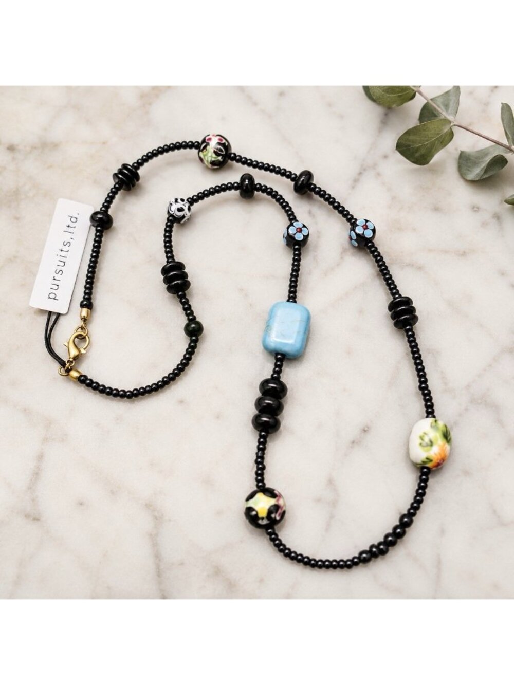 Pursuits Ltd Ceramic Beaded Necklace Black Seed Beads Floral Boho Vintage NWT